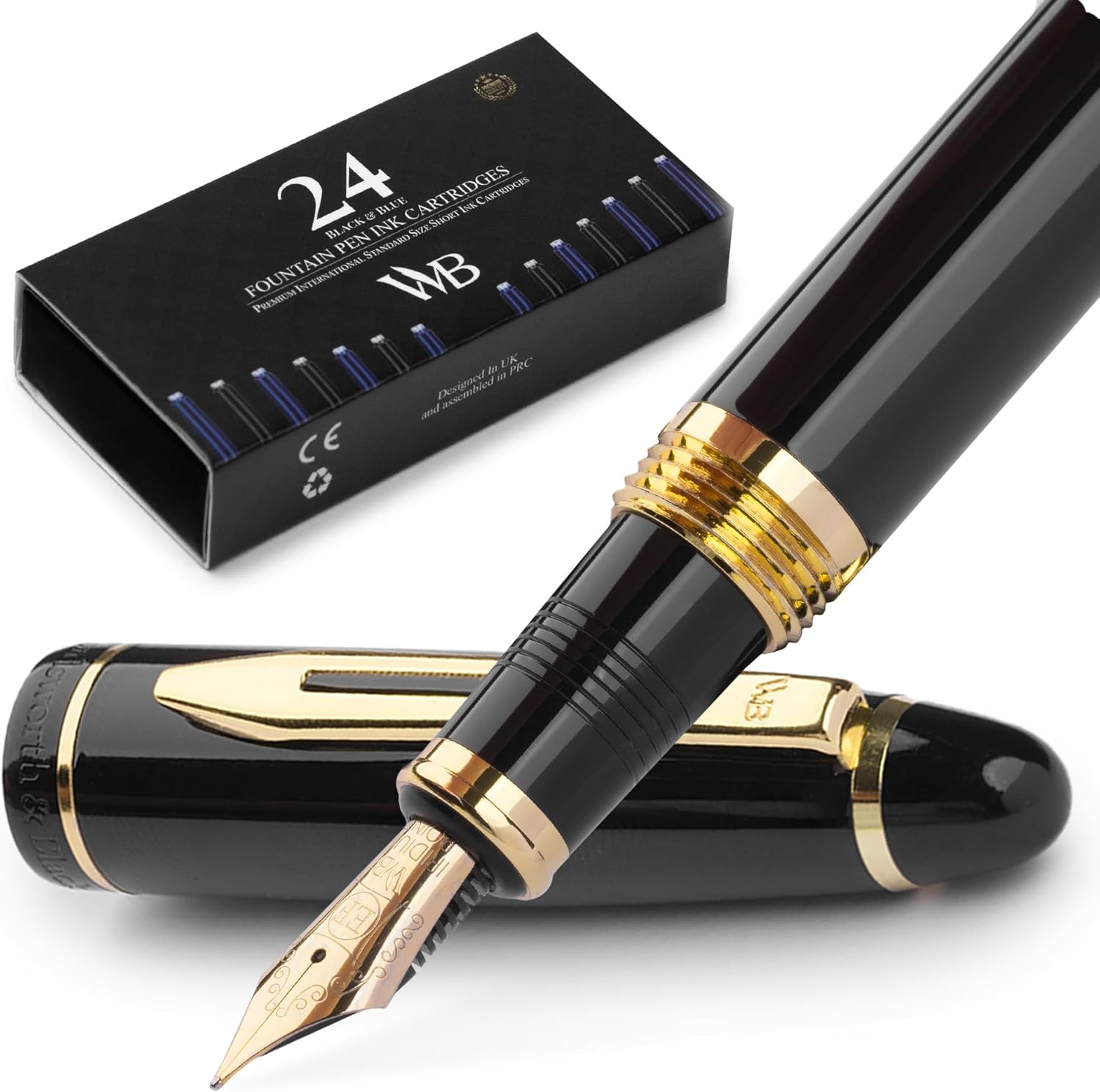 Wordsworth & Black Majesti Fountain Pen-(Black) Luxury Case, 24K Gold Finish; 18K Gilded Extra Fine Nib- Ink Cartridges, Refillable Ink Converter-Calligraphy Pen-Best Business Gift Set for Men & Women