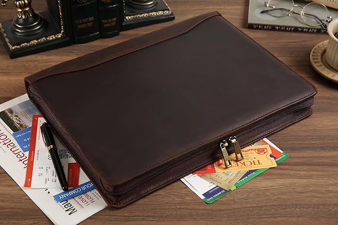 Portfolio Binder 3 Ring, Leather Binder Portfolio Folder for Left-Handed, Zippered Portfolio Padfolio Binder for Women, Leather Portfolio Organizer for Men (Dark Brown, Non-Custom)