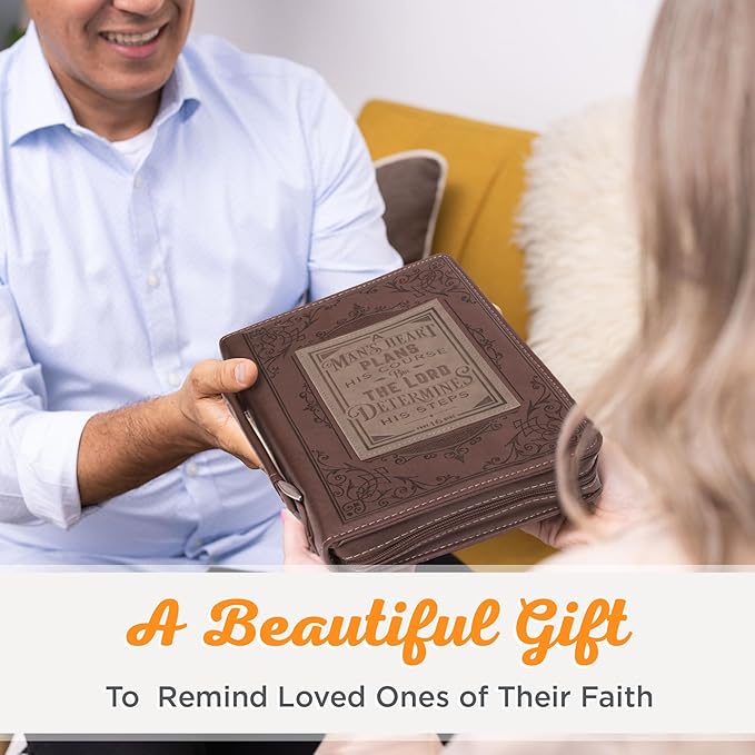 Christian Art Gifts Brown Faux Leather Classic Bible Cover A Man’s Heart - Proverbs 16:9 Bible Case Book Cover for Men or Women XL