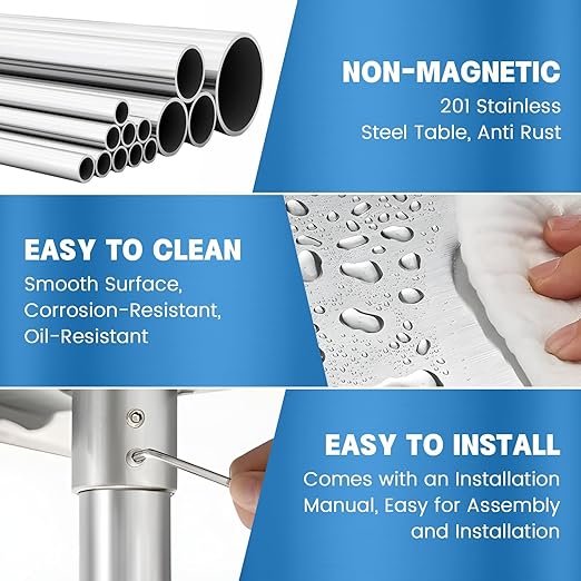 Stainless Steel Table for Prep & Work with Backsplash 24 x 48 Inches NSF Metal Commercial Kitchen Adjustable Under Shelf Worktable for Restaurant Home Outdoor