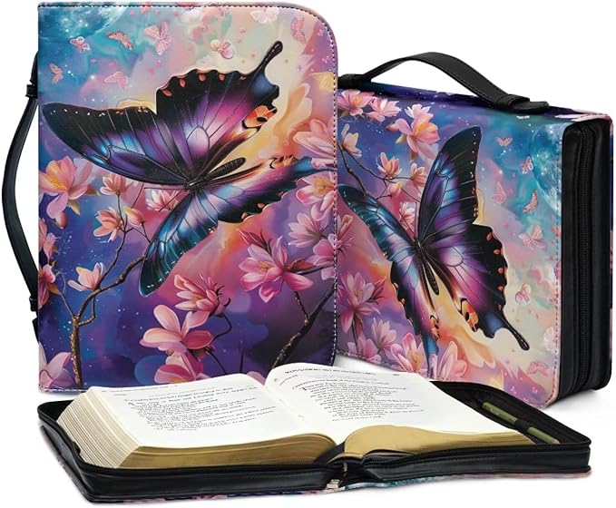 Lotusorchid Cherry Blossom Butterfly Printed Bible Bags, Faux Leather Bible Covers with Handle Pockets for Women, Blue Butterfly Sturdy Bible Bag for Girls Ages 8-12, Christian Bible Study Accessories