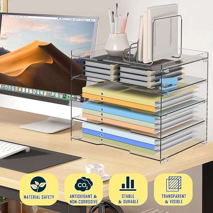 KKU File Paper Organizer, 5 Tier Clear Acrylic Desk Organizer Letter Tray Desk Tray, Desk File Organizer Paper Tray File Holder for Organizing Office Desk Organizers and Accessories