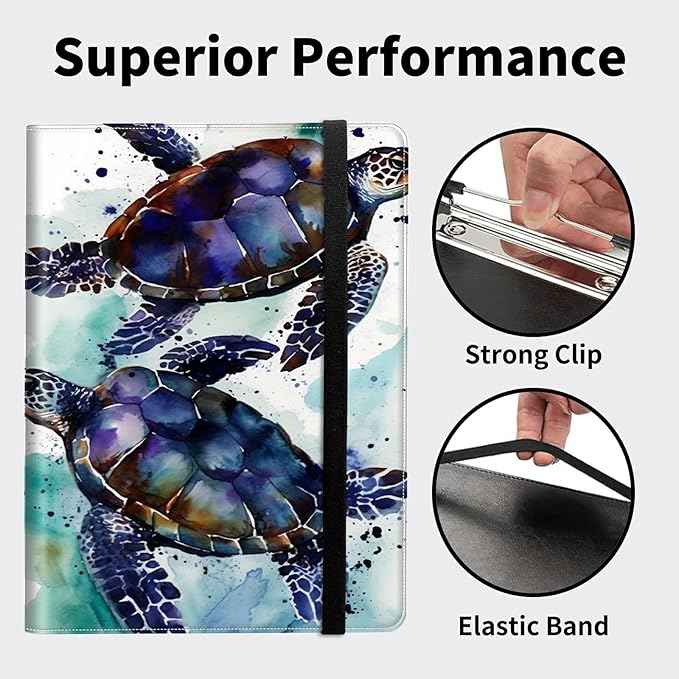 Padfolio Folder with Clipboard,Portfolios Organizer Clipboards with Storage Clipboard Writing Pad PU Leather Conference Document Organizer with Business Card Holder,Sea Turtle