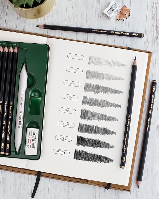 Faber-Castell Pitt Graphite Matte Pencil Set, Sketching Set of 4 Graphite Pencils and Sketching Supplies (2B, 6B, 10B, 14B), Sketching and Drawing Pencils, Pencil Sharpener and Eraser