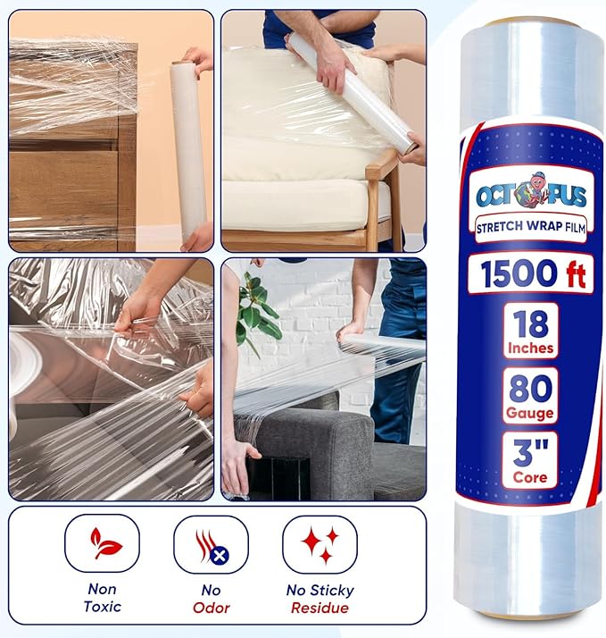 OCTOPUS Stretch Wrap, Industrial Strength 4 Roll Clear, 18” x 1500 feet, 80 Gauge (20 Micron), Heavy Duty Plastic Shrink Film for Packing, Wrapping, Bundling, Shipping, Pallets, and Moving Essentials