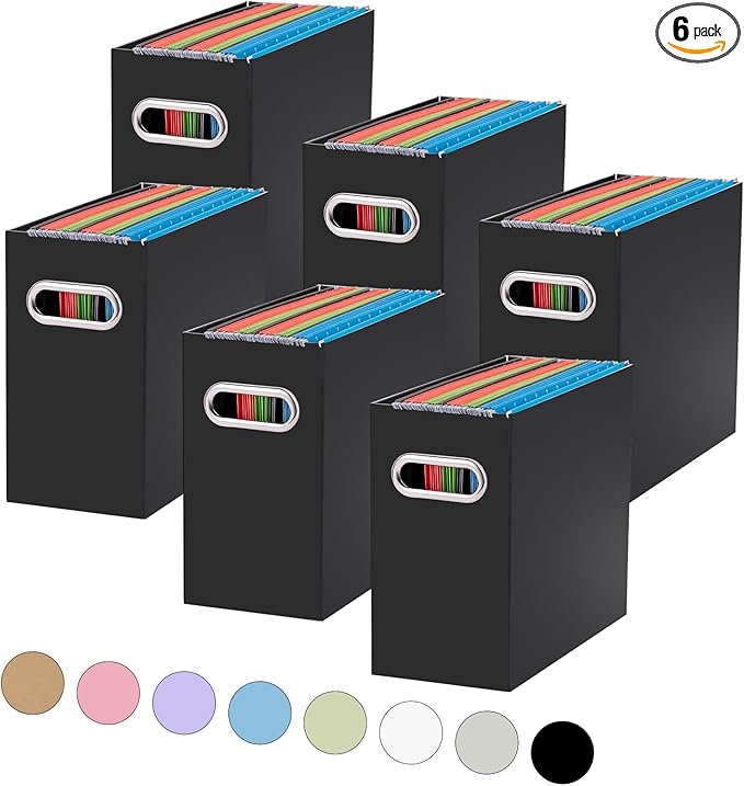 Oterri File Organizer, Small Storage Box, Cardboard File Folder Organizer, Collapsible File Box, Hanging File Organizer for Letter Size, Portable File Box with Handle, Only Box（Black，6 Packs）