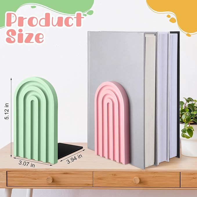 Harloon 4 Pieces Boho Arch Wood Bookends Rainbow Arch Back to School Gift Ideas Non Skid Bookend Decorative Wooden Book Stand Book Stoppers for Books Movies CDs(Pastel Color)