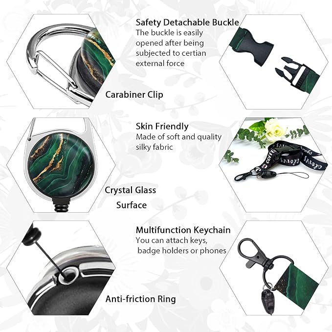 ID Badge Holder with Breakaway Lanyard, Retractable Badge Reel Heavy Duty, Cute Funny Green Marble Lanyards for ID Badges Ajustable, Teacher Nurse Work Office Gifts