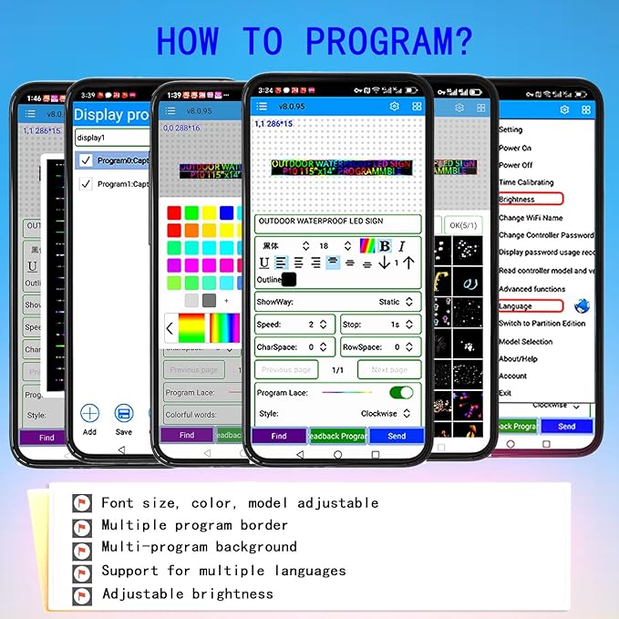 P10 Outdoor Scrolling Led Signs Programmable, Digital Electronic display screen Marquee Message Board custom word for Business Store Restaurant Window Advertising, Full Color High Brightness Wifi Control, 77''x14''