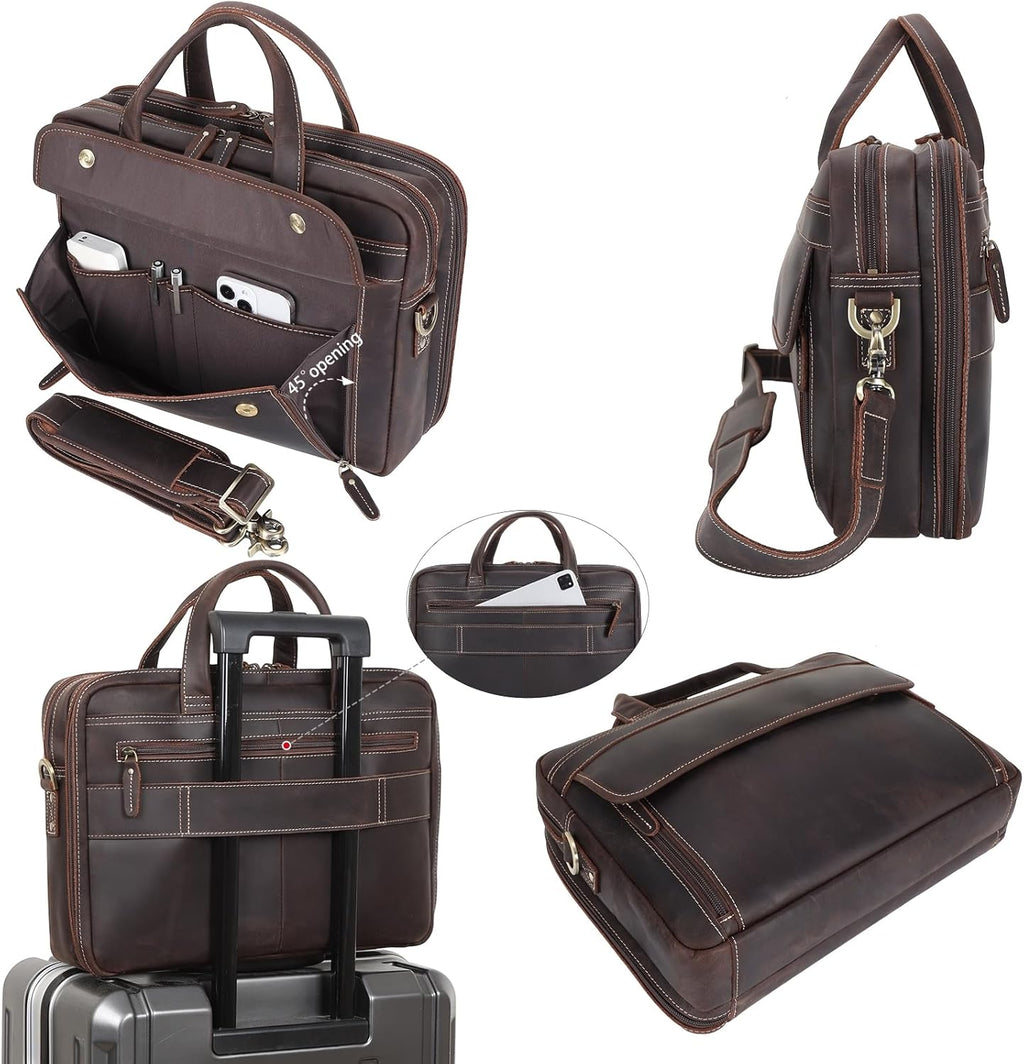 Masa Kawa Leather Briefcase for Men 15.6" - 17" Laptop Computer Case Business Travel Work Messenger Cross Body Shoulder Bag