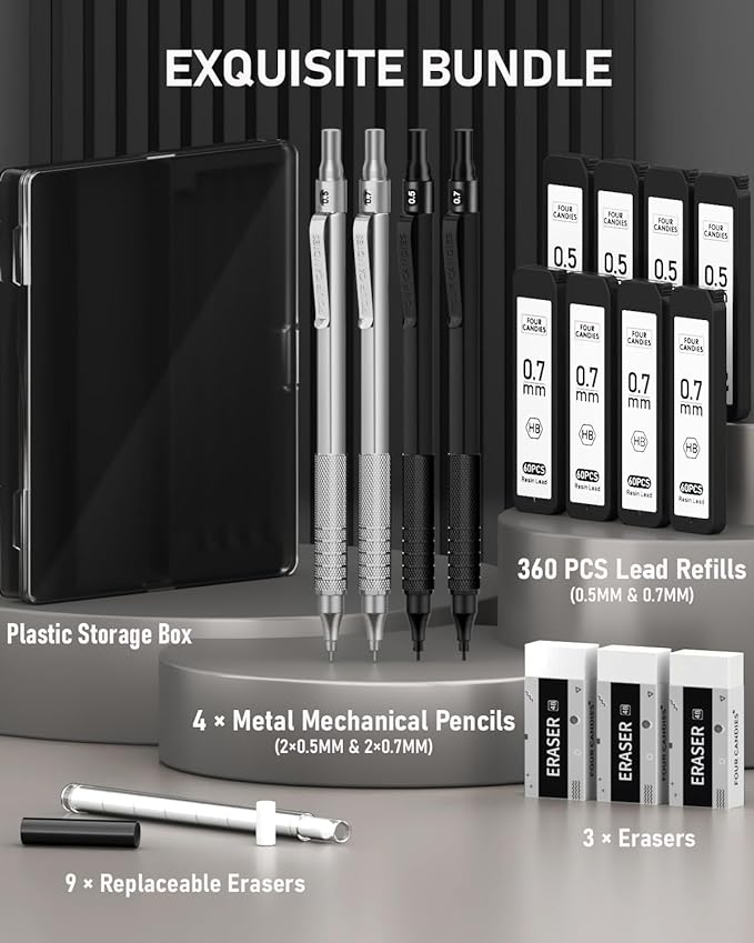 Four Candies 4PCS Metal Mechanical Pencils Set with Case, 0.5mm & 0.7 mm Artist Pencil with 8 Tubes (480PCS) HB Lead Refills, 3 Erasers,9 Eraser Refills For Writing Drafting, Drawing, Black&Silver