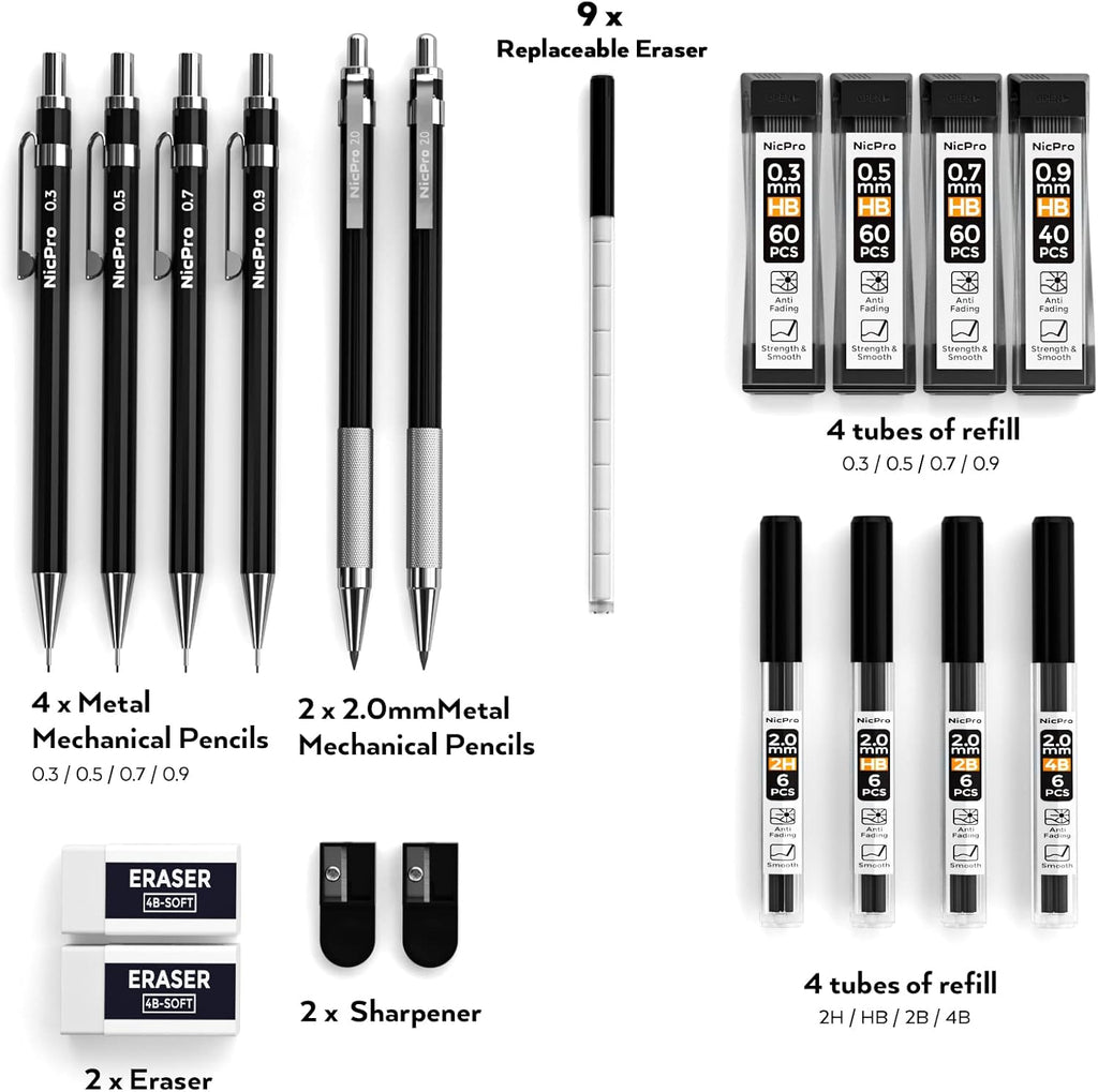 Nicpro 6 PCS Art Mechanical Pencil Set, Black Metal Drafting Pencil 0.3, 0.5, 0.7, 0.9 mm & 2PCS 2mm Graphite Lead Holder(4B 2B HB 2H) For Writing Sketching Drawing With 8 Lead Refills Eraser Case