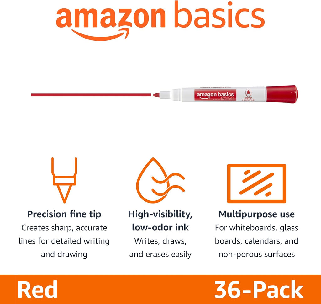 Amazon Basics Low-Odor Dry Erase Whiteboard Markers, Fine Tip, Red, 36 Count