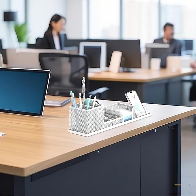 SUPEASY Pen Holder for Desk, 6 Piece Mesh Desk Organizer set, Desk Accessories for Office Organization with Mail Organizer, Letter Phone Holder, Sticky Notes Caddy Storage, White