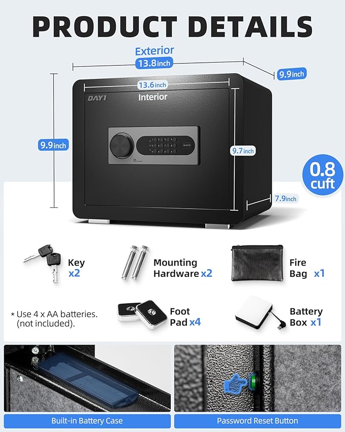 DAYI Safe Box, 0.8 Cubic Feet Home Safe with Fireproof Waterproof Bag, Security Safe Box for Money Cash Valuables, Digital Electronic Keypad, Dual Alarm System, Removable Shelf - D-25