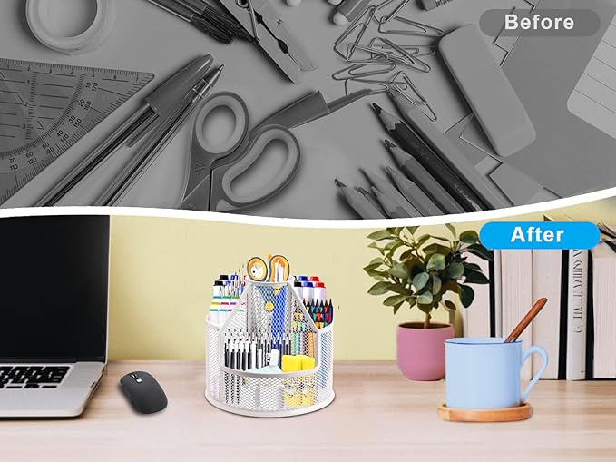 Sturdy Rotating Pen Holder, Cute Metal Pencil Holder, Large Mesh Pen Organizer for Desk, Premium Friendly Office Desk Accessories & Workspace Organizers Pearl White