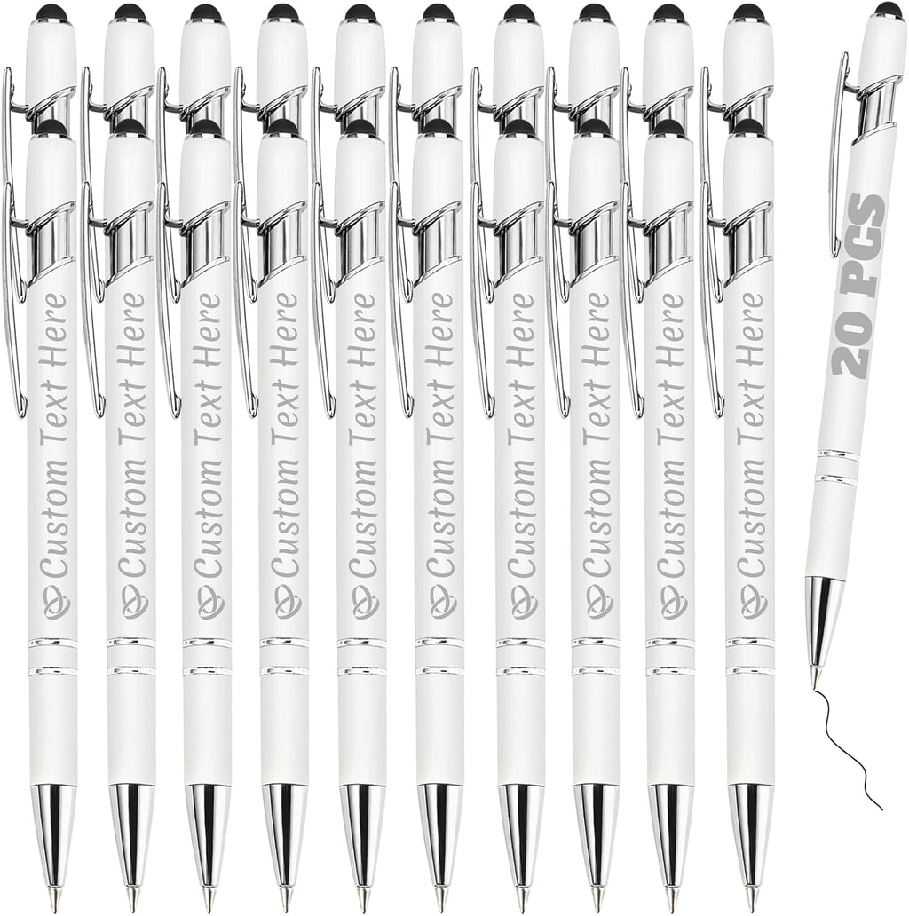 Personalized Pens Bulk 20 with Name Custom Engraving Ballpoint Pens with Stylus Tip Customized Smooth Writing Pens Personalized Gifts for Anniversary Birthday or Graduation(White,Black Ink)