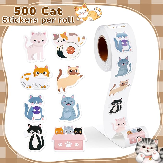 1 Roll Animal Stickers Reward Cute Space Stickers Office Supplies Incentives Sticker Animal Party Favor Decal, 500 Pcs Each Roll(Cat)