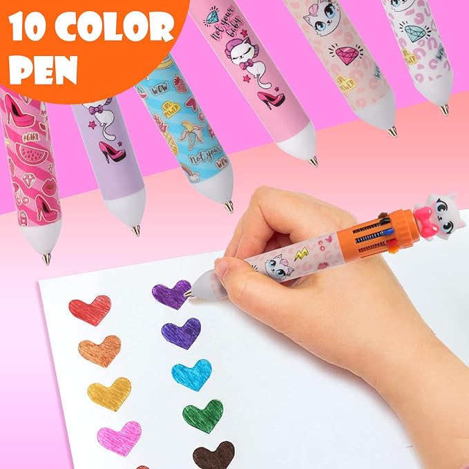 Multicolor Ballpoint Pen 0.7 mm, 10-in-1 Colored Pens Fine Point Retractable Cute Cartoon Cat Ballpoint Pens for Office School Supplies Students Kids Gifts, 6 Pack