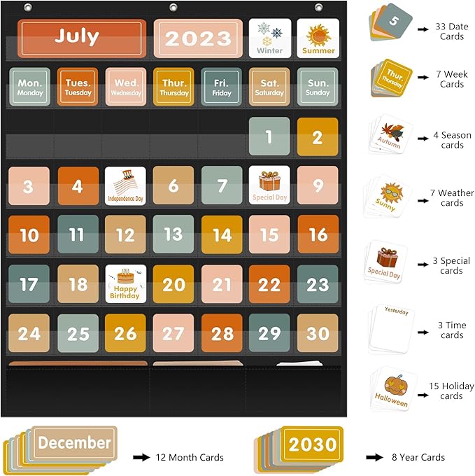 REGELETO Boho 46+3 Pockets Calendar Pocket Chart with 92 Cards for Classroom,Large Size: 28.75 x 24 inch Black Monthly Calendar and Weather Pocket Chart for Kids Learning for Home or Kindergarten