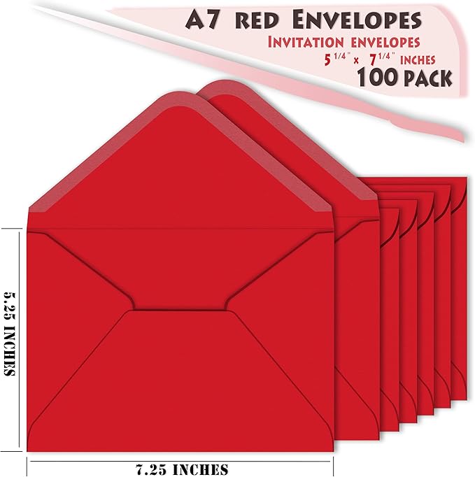 ASSTAONO-A7 Red Envelopes,100 Pack 5x7 Red Envelopes V Flap,Invitation Envelopes for 5x7 Cards,Photos,Wedding,Graduation,Announcements,Baby Shower,5.25 x 7.25 Inches