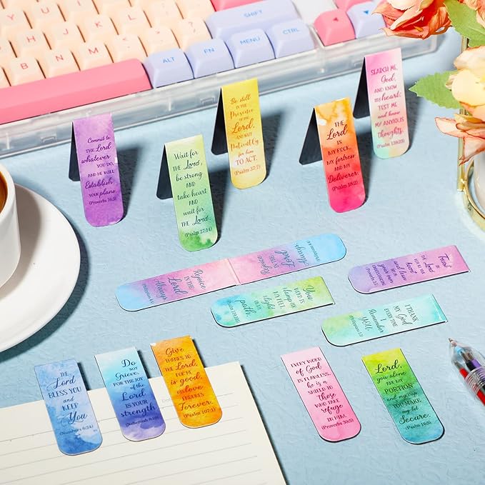 48 Pcs Bible Verse Magnetic Bookmarks Inspirational Scripture Christian Book Markers Religious Motivational Encouragement Flower Page Clips Presents for Women School Office Supplies