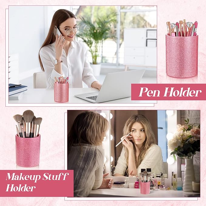 Sabary 8 Pcs Ballpoint Pens with Pen Holder for Desk Glitter Crystal Diamond Fancy Pencil Holder Bling Desk Organizer Cute Office Supplies for Women Girls Valentines Birthday Gifts(Pink)