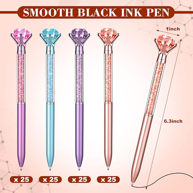Sherr 100 Pack Big Crystal Diamond Pens Cute Ballpoint Pens Retractable Ballpoint Rhinestones Crystal Bling Gem Plated Black Gel Ink Office Supplies Gifts for Women(Cute,Glitter)