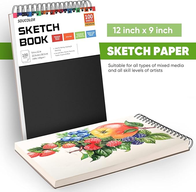 Soucolor 9" x 12" Sketch Book, 3-Pack 100 Sheets Spiral Bound Art Sketchbook, Acid Free (68lb/100gsm) Artist Drawing Book Paper Painting Sketching Pad