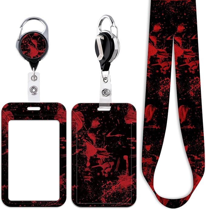 Red & Black ID Lanyard Badge Holder & Retractable Badge Reel Clip Horror Halloween Keychain Lanyard for Women Men Teens for ID Badges Cool Goth Key Lanyard ID Holder