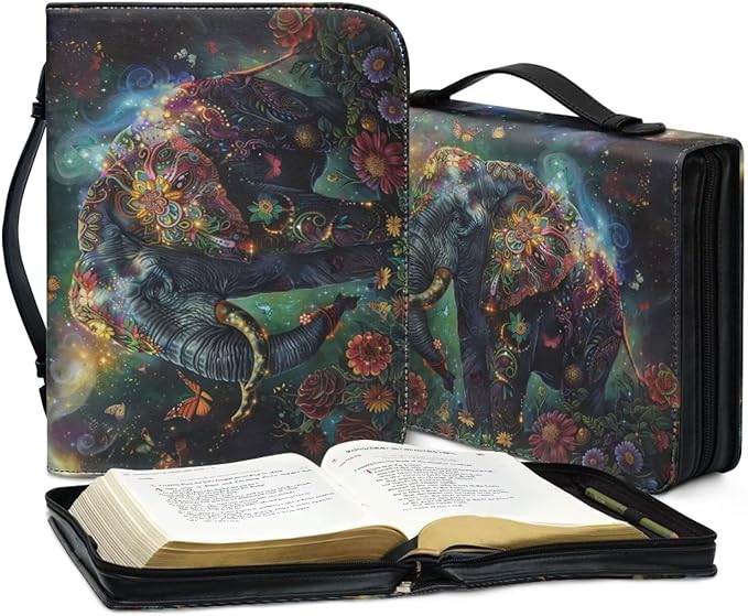 Lotusorchid Floral Mandala Elephant Printed Bible Covers Christ Church Bag for Women Leather Bible Case with Handle Pen Storage Zippered Pocket Waterproof Bible Carrier Bible Protective Cover