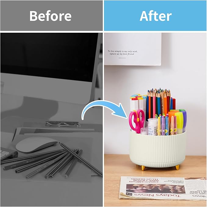 Marbrasse Desk Organizer, 360-Degree Rotating Pen Holder, 5-Compartment Pencil Organizer, Art Supply Storage Box Caddy for Office and Home (Ivory)