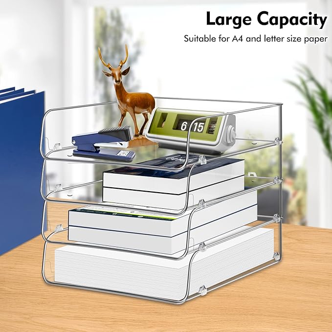 Stackable Paper Trays, 4 Tier Desktop File Organizer, Letter Tray for Office Supplies, Magazine