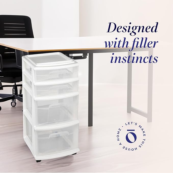 HOMZ 4-Drawer Plastic Storage Cart Organizer with Removable Wheels, White Frame
