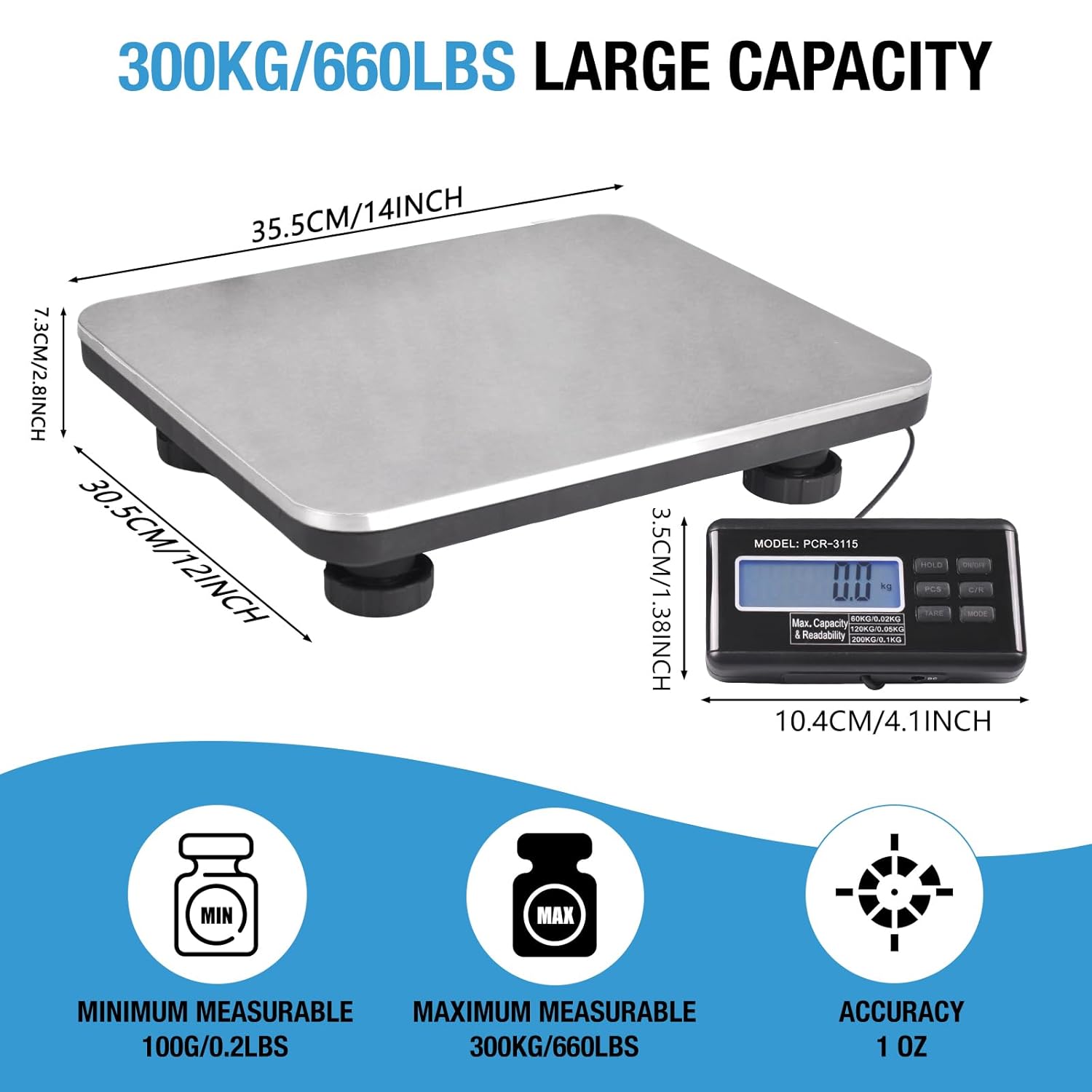 SurmountWay Shipping Scale 660lbs LCD Digital Platform Heavy Duty Portable Stainless Platform for Postal Shipping Scale Industrial Floor Scale W/ 14"X 12"
