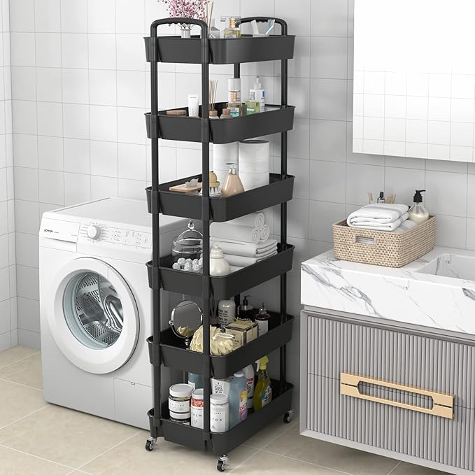 Sywhitta 6-Tier Plastic Rolling Utility Cart with Handle, Multi-Functional Storage Trolley for Office, Living Room, Kitchen, Movable Storage Organizer with Wheels, Black