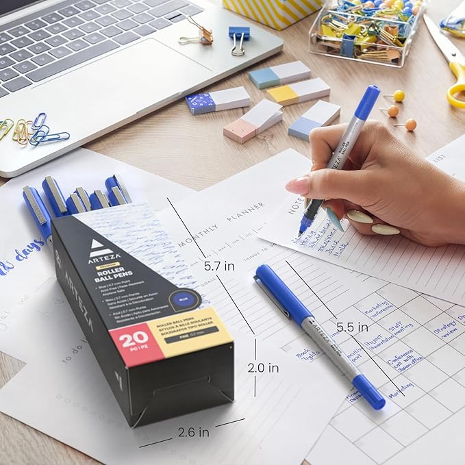 ARTEZA Rollerball Pens Pack of 20, 0.7mm Blue Liquid Ink Pens for Bullet Journaling Fine Point Rollerball