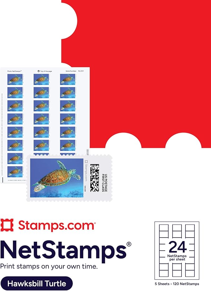Hawksbill Turtle NetStamps 120-Pack (5 Sheets) Printable Postage Labels (Stamps.com Subscription Required) - Print Approved Postage - Inkjet & Laser Printers - Business, Personal, Home