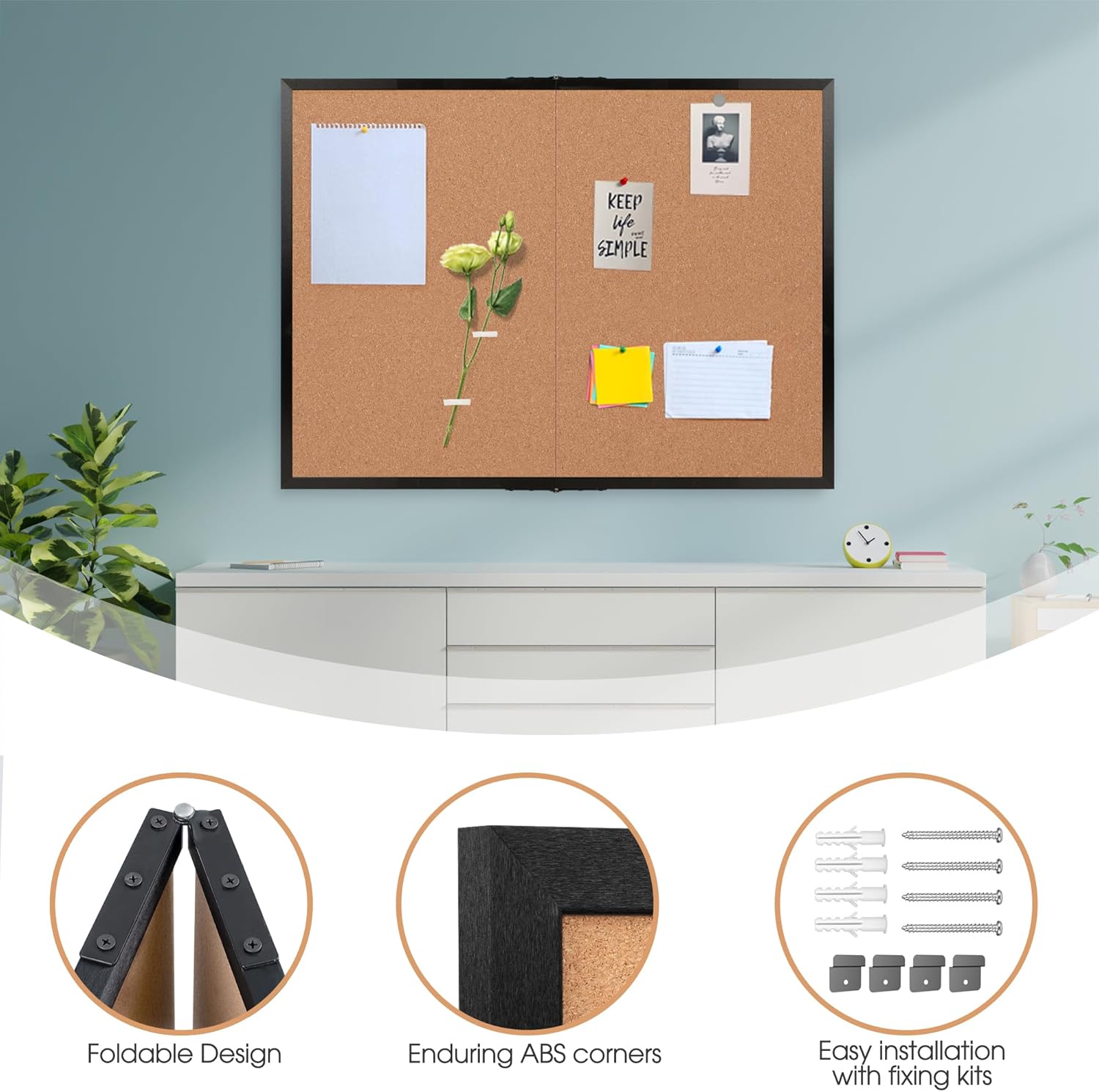 Board2by Cork Board Bulletin Board 36 x 48, Black Wood Framed 4x3 Corkboard, Foldable Office Board for Wall Decor, Large Wall Mounted Notice Pin Board with 36 Push Pins for School, Home & Office