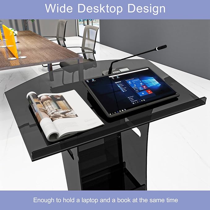 Acrylic Podium Stand with Storage Shelf,Black Lecterns & Podiums,Pulpits for Churches,Conference,Speeches,Weddings,Classroom,Concert,47" H Professional Presentation Podiums