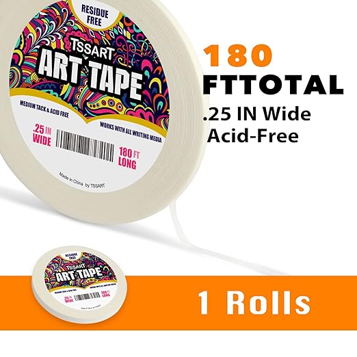 White Art Tape Medium Tack - Masking Artists Tape for Drafting Art Watercolor Painting Canvas Framing - Acid Free 1/4 Inch/ 0.25inch Wide 180FT Long