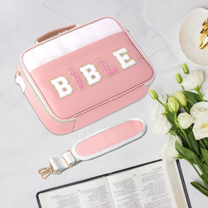 WOBANGEM Bible Cover Case for Women,Large Leather Bible Cases Christian Gifts for Women Men Girls,Preppy Chenille Letter Bible Bag with Shoulder Strap,Pink Bible Purse Bible Carrying Case for Women