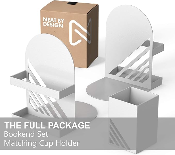 Iron Arch Modern and Decorative Bookends for Heavy Books, 200% Stronger & Heavier Than The Average Bookends, Large Bookends with Matching Bonus Storage Cup (Snow White)