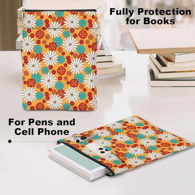 Retro Floral Daisy Pattern Book Lovers Gifts Waterproof Book Sleeve Book Pouch Book Protector with Zipper and Front Pocket BookCover Case for Women Friend Mom Grandma Book Accessories Book Club Gifts