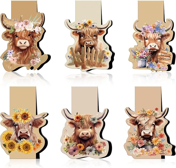 Highland Cow Magnetic Bookmark - 6 Pcs Funny Animal Book Mark Magnets Cute Cow Bookmarks Magnetic Floral Magnets Bookmark Page Clip Gift for Book Lovers Students Teacher Reading Book Marks