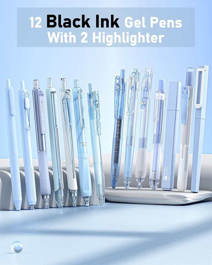 Four Candies 14Pack Pastel Gel Ink Pen Set,Cute Retractable 0.5mm Fine Point Pen,Note Taking Aesthetic Pens,12 Pack Black Ink Pens with 2Pack Highlighter, Smooth Writing Pens for School, Office (Blue)