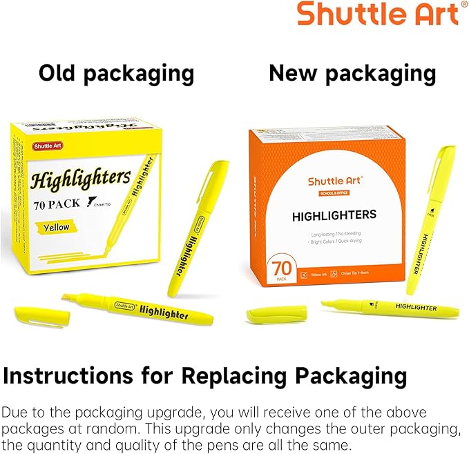 Shuttle Art 70 Pack Highlighters, Yellow Highlighters with Versatile Chisel Tip, Highlighter Markers Bulk in Vibrant Color for Highlighting as Office, School Supplies