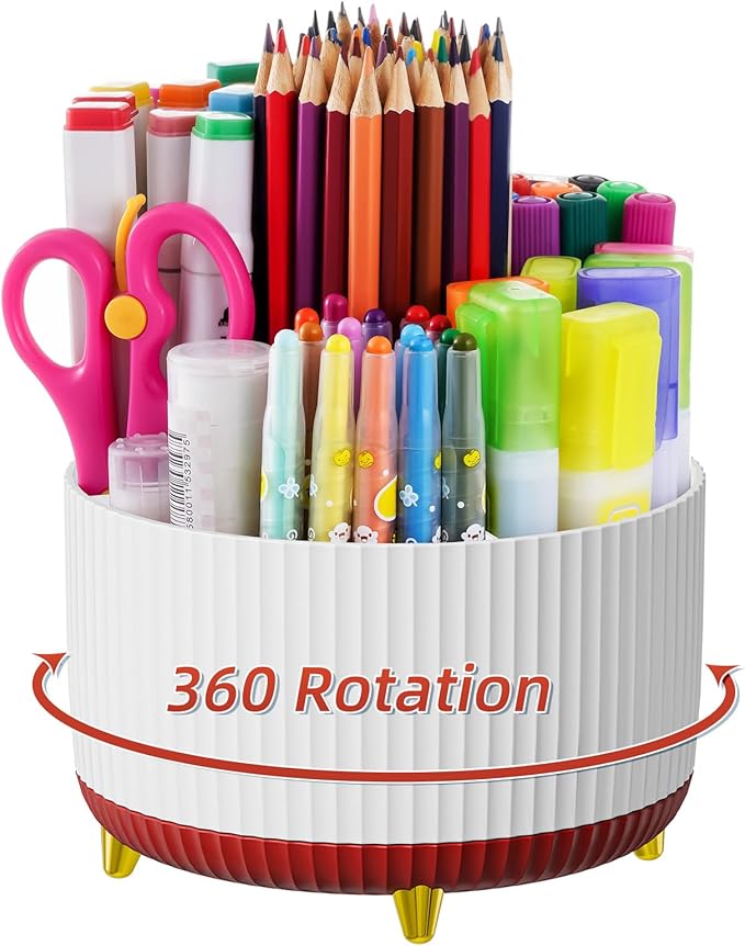 Marbrasse 360-Degree Rotating Pen Holder, Desk Organizer with 5 Compartments, Art Supply Storage Box Caddy for Office, Home (White+Red)
