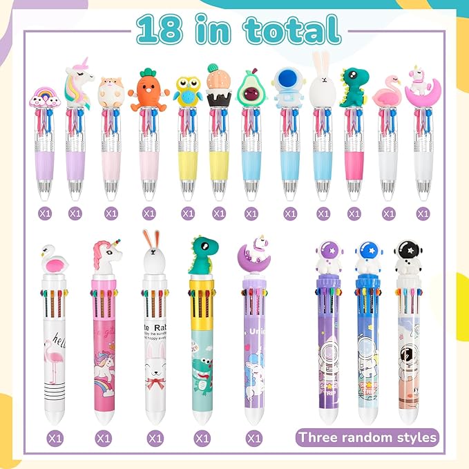 18 Pcs Multicolor Pen in One Include 4 In1 and 10 in 1 Colored Cute Pens Retractable Cartoon Ballpoint for Valentine‘s Day Birthdays Office Gifts (Classic)