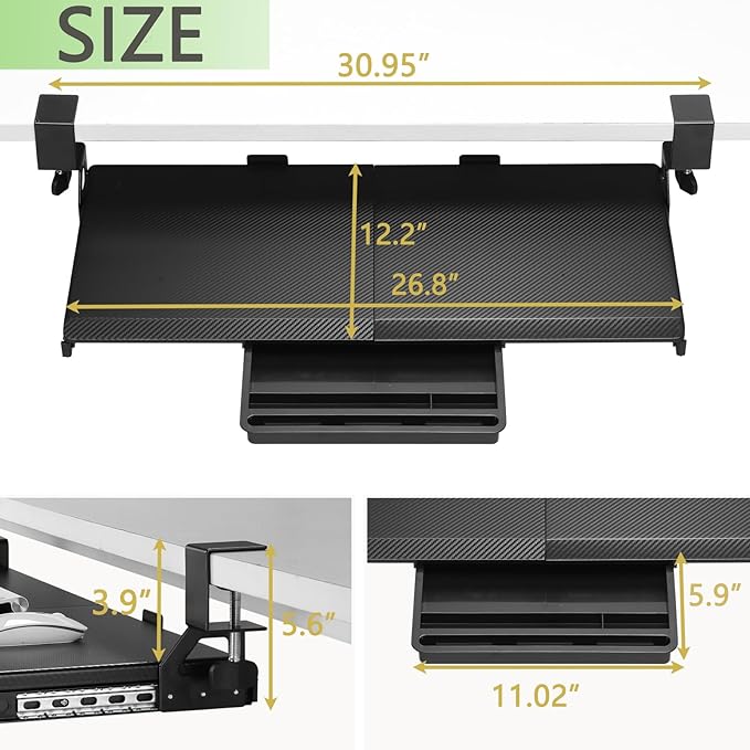 ETHU Keyboard Tray Under Desk, 26.8" x 12.2" Pull Out Steel Smooth Glide Sliding Keyboard Drawer, C Clamp Computer Keyboard Stand Ergonomic Desk Extender Tray for Home Office(Carbon)